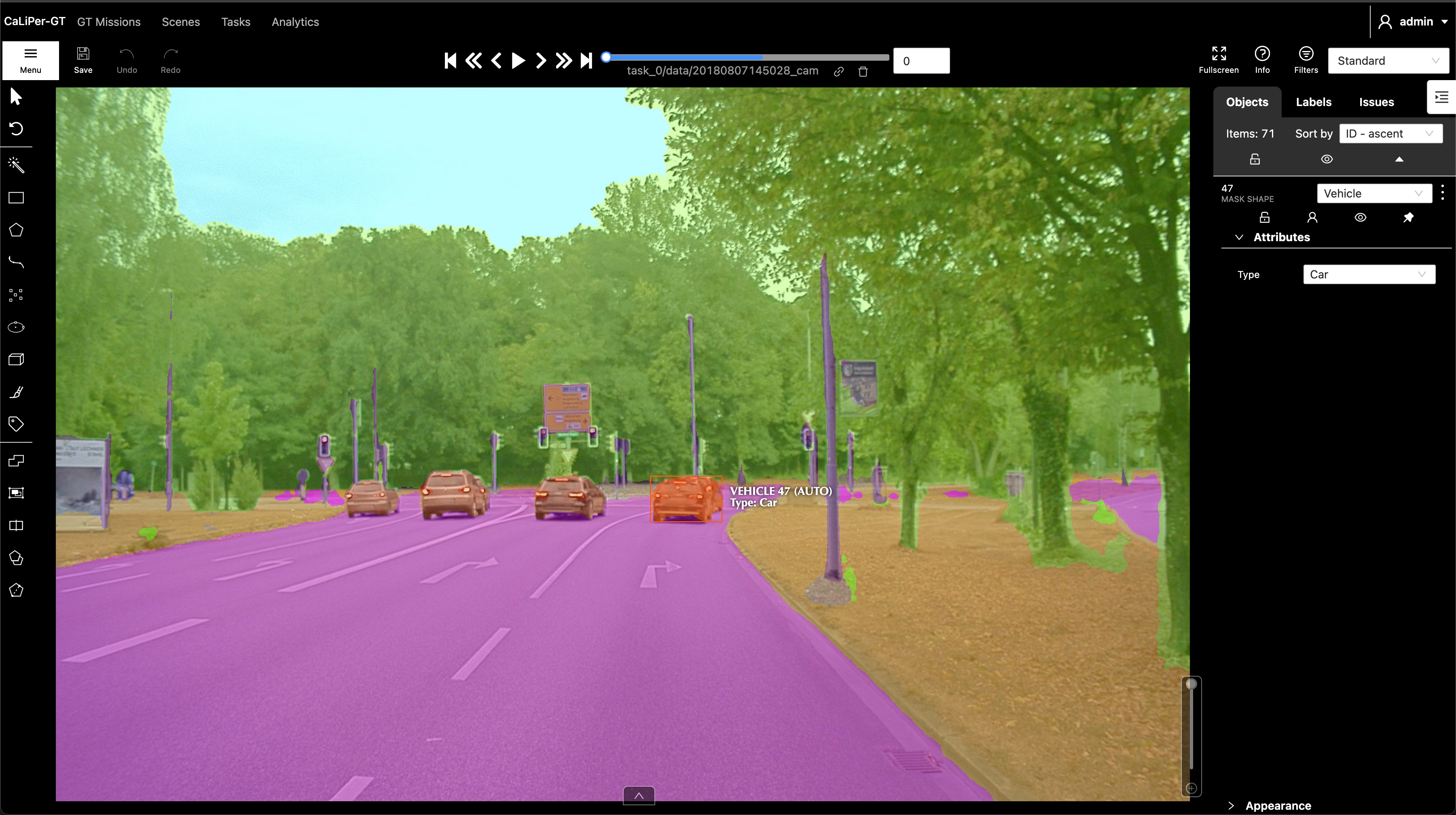 Camera annotation interface showing vehicle detection and lane marking
